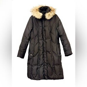 Andrew Marc Long Down Puffer Coat with Real Fur Trim Hood | XL | Dark Brown